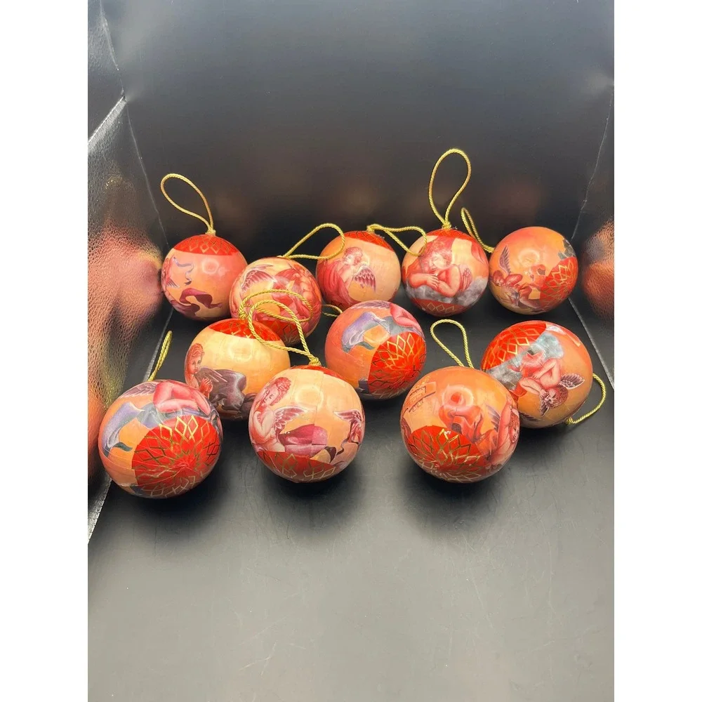 Set of 11‎ Angel Christmas Ornaments Paper Mache Cherub Round Decorative Balls